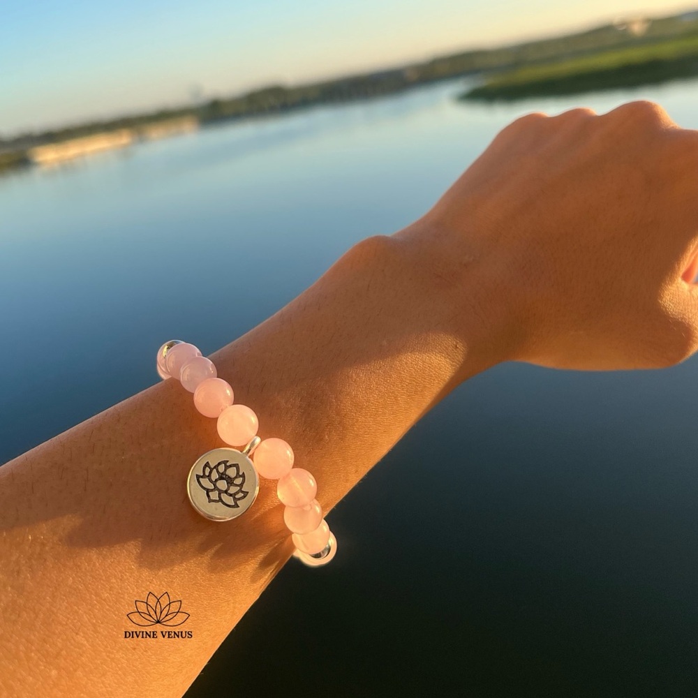Rose Quartz & Lotus Charm Bracelet | Stretchy | 6.5”–7.5” Sizes